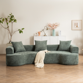 Modern Style Curved Sofa, Soft Corduroy Sofa With 3 Pillows, Living Room Milky White Ultra Smooth Curved Fabric Sofa